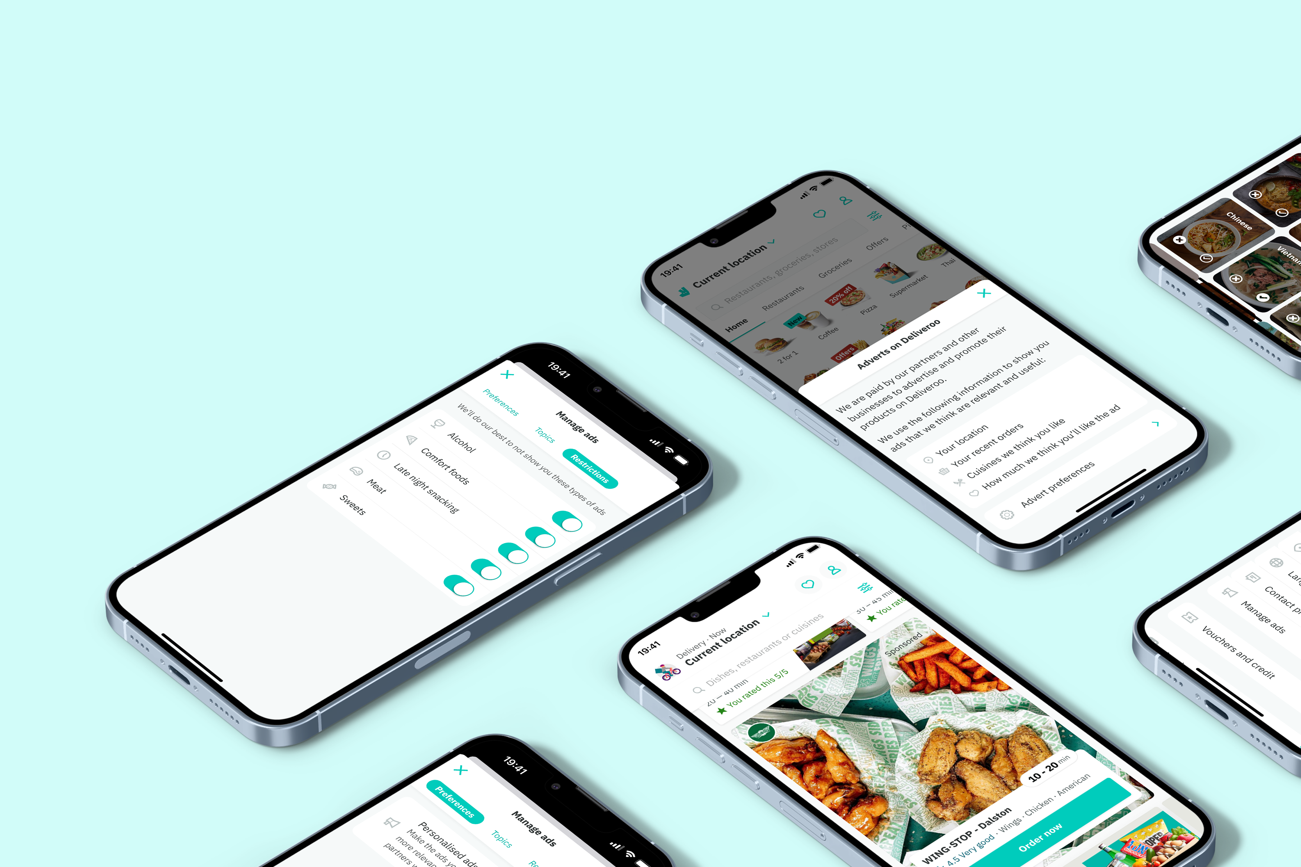 Deliveroo mobile app screens, showing advert placements and controls, designed by Sasha Ward.