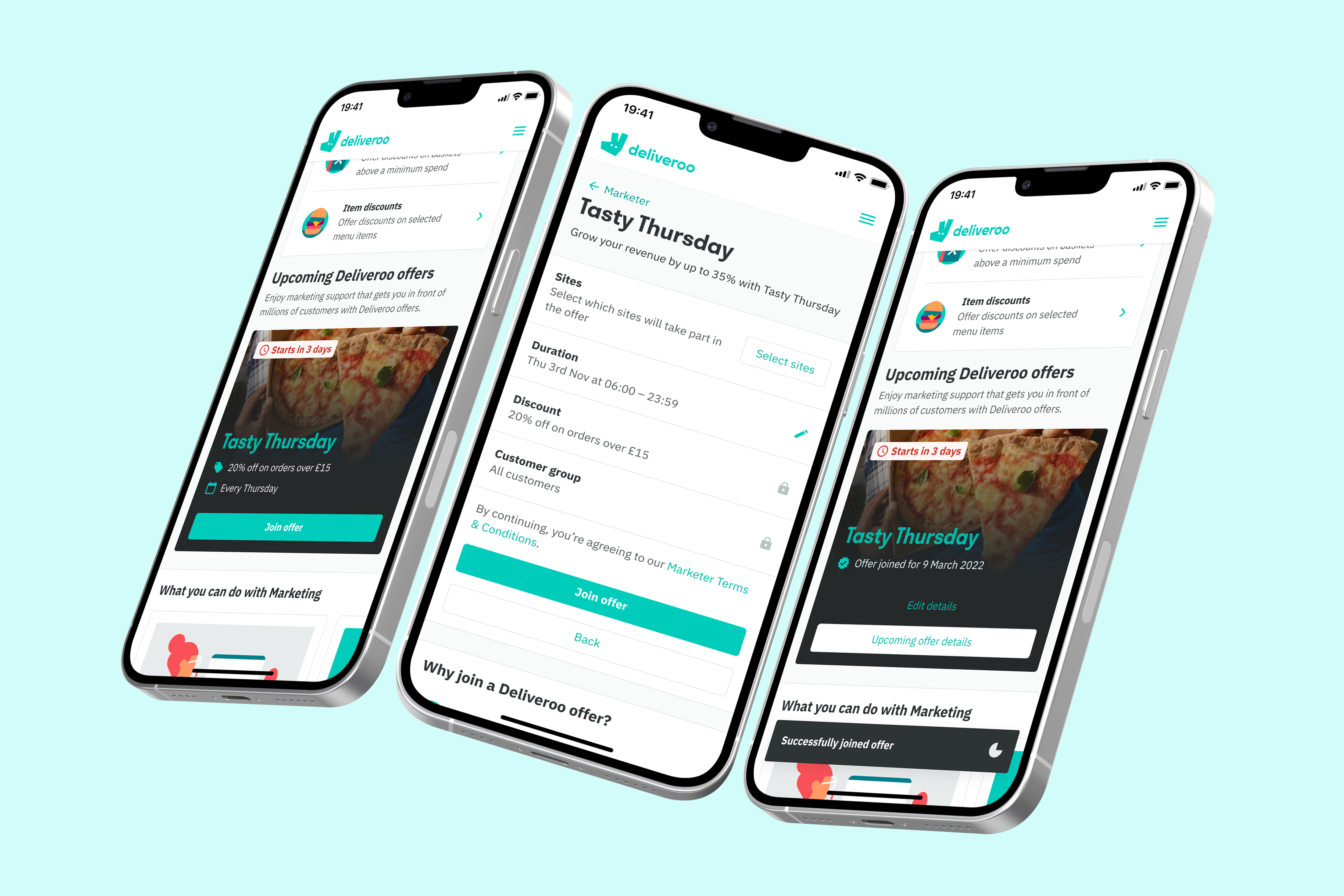 Deliveroo marketing hub mobile screens, showing the Tasty Thursday sign-up flow, designed by Sasha Ward.