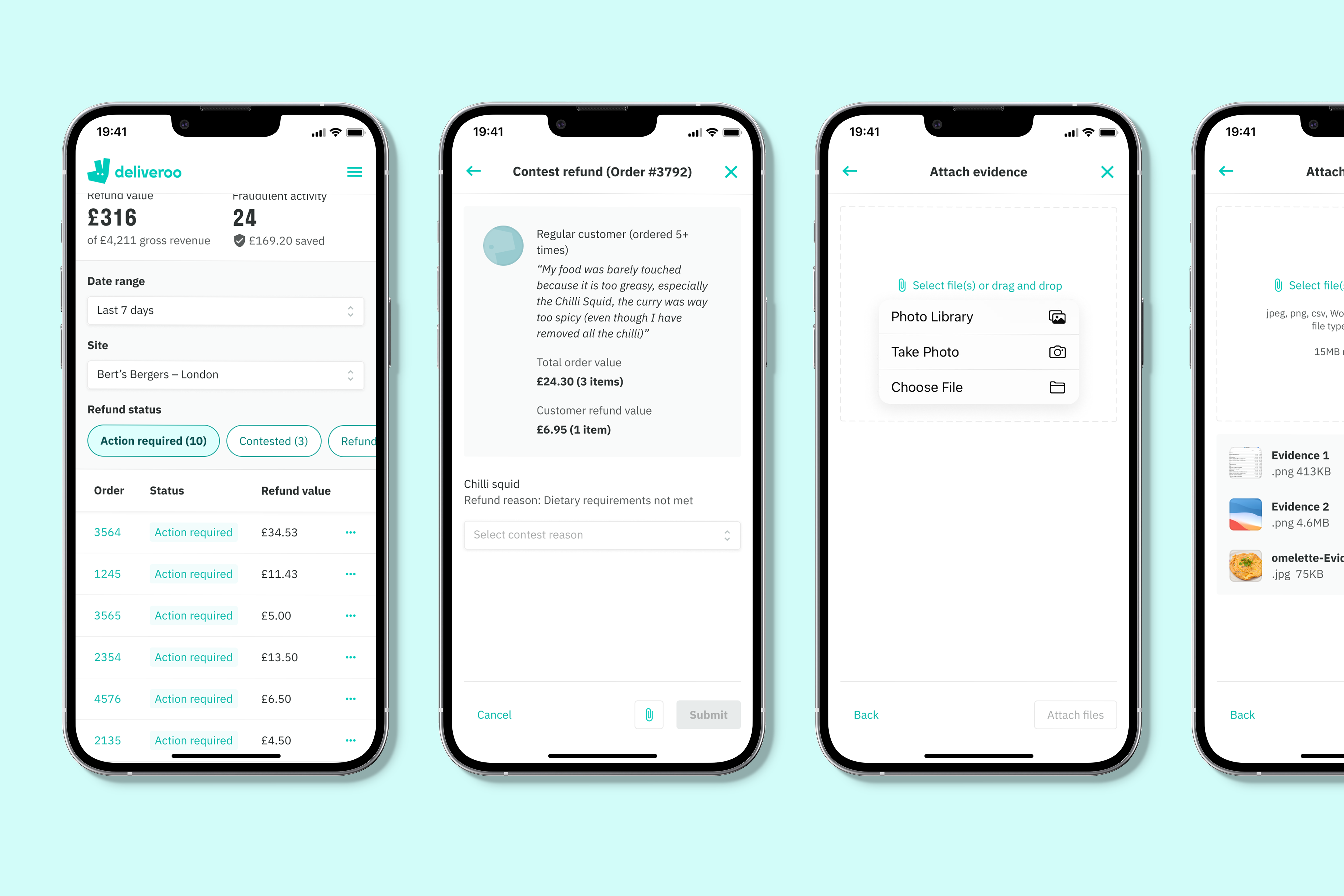 Deliveroo partner hub mobile screens, showing the refunds process, designed by Sasha Ward.